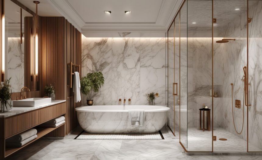 A luxury spa bathroom with a steam shower and marble details. AI